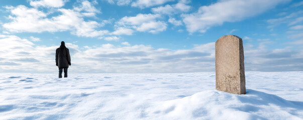 Lone man walking across a vast snowy field towards a tombstone under a cloudy blue sky, evoking themes of loss, remembrance, and mortality