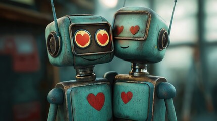 Old couple of robots hugging. Robots in love. Robots with heart-shaped eyes. Close-up.