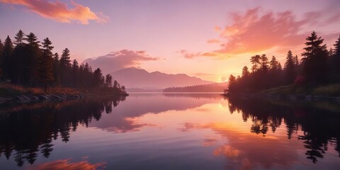 Obraz premium A serene lake reflecting the vibrant hues of a sunset, with warm orange and pink tones gradating into deep blues in the distance , pink, serenity