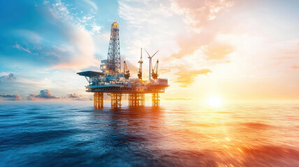 Obraz premium Modern Offshore Oil Rig with Solar Panels and Wind Turbines Highlighting Sustainable Energy Integration