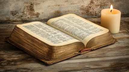 Obraz premium Antique Open Bible and Candle - A Timeless Symbol of Faith