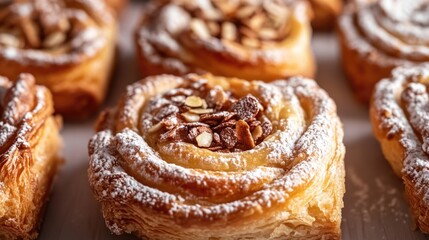A close-up view of a tray filled with pastries covered in powdered sugar, perfect for bakery or dessert themed designs