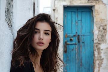 Fototapeta premium A beautiful young woman standing in front of a blue door