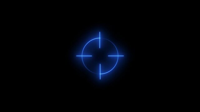 Neon aim cross, target search and aiming animation. Glowing neon target icon, looped animation. Cross hair, gun aim, sniper target, bulls eye, precise shoot, hunting, target audience. 