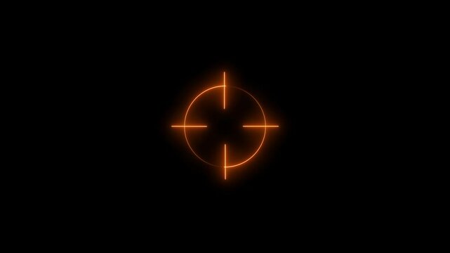 Neon aim cross, target search and aiming animation. Glowing neon target icon, looped animation. Cross hair, gun aim, sniper target, bulls eye, precise shoot, hunting, target audience. 