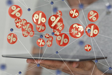 Red cubes percent falling on a white background. 3d rendering. Illustration for advertising.