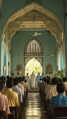 Fototapeta premium Christian prayer service is taking place in beautifully decorated church, with attendees in colorful attire. serene atmosphere enhances spiritual experience