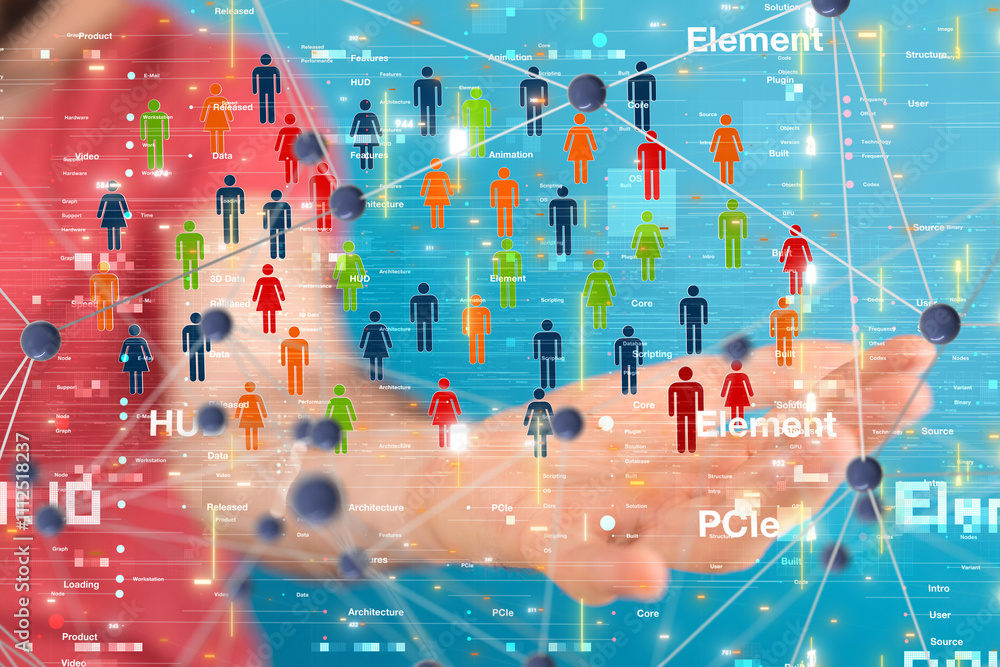 Poster Global network. Blockchain. 3D illustration. Neural networks and artificial intelligence. Abstract