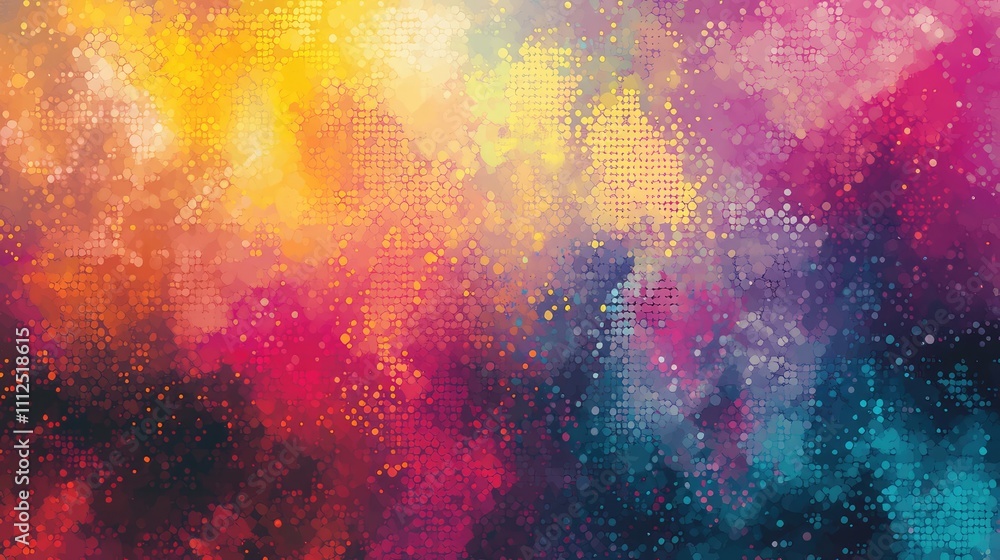 Poster a fluid abstract pixel dot pattern, with dots gradually blending from soft pastels to vibrant neon s