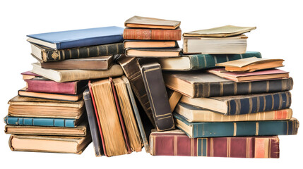 Obraz premium Stack of hardcover books isolated education collection, university textbook pile with knowledge, academic literature heap for study and learning
