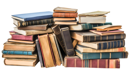 Stack of hardcover books isolated education collection, university textbook pile with knowledge, academic literature heap for study and learning
