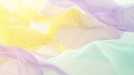 Obraz premium Delicate layers of transparent 3D polygons in pastel yellow, lavender, and seafoam green, softly intersecting on a light gradient background