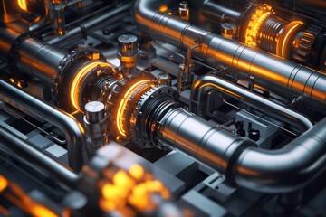 A close-up view of industrial machinery with multiple pipes and connections