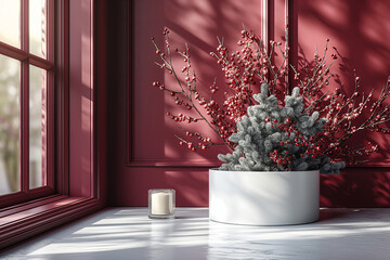 Fototapeta premium A white vase with a candle and a red and white plant in it