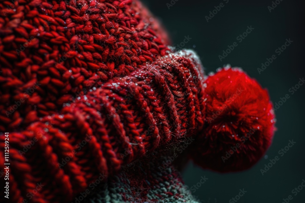 Poster a close-up view of a bright red hat with a fluffy pom pom on top, perfect for adding a pop of color 