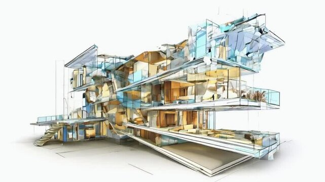 A modern architectural design showcasing a multi-level structure with glass and wooden elements.