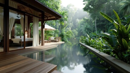 A serene tropical retreat featuring a wooden deck, lush greenery, and a tranquil pool surrounded by nature.