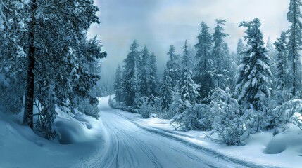 Obraz premium Snowy trees sparkle in the morning sun. A peaceful winter scene in a frosty forest. 