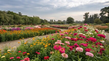 Colorful garden with mixed flower blooms, orchids exotic, lilies trumpet-shaped, sunflowers yellow