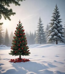 Fototapeta premium A small red and green Christmas tree in a winter scene, serene landscape, peaceful atmosphere