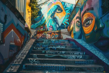 Stairs with vibrant graffiti artwork