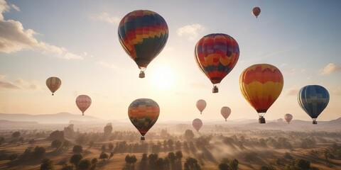 Fototapeta premium Colorful hot air balloons against a sunny sky, balloons, aerial, hot air balloons