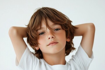 Fototapeta premium A young boy with his hands on his head, looking worried or concerned