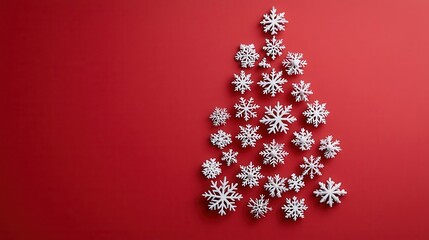 Acrylic concept art of snowflakes forming a Christmas tree against a vibrant red background