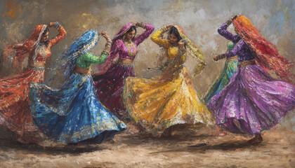 Fototapeta premium Dancers in colorful traditional attire perform vibrant Ghoomar dance, showcasing rich cultural heritage of Rajasthan. lively movements and bright costumes create joyful atmosphere