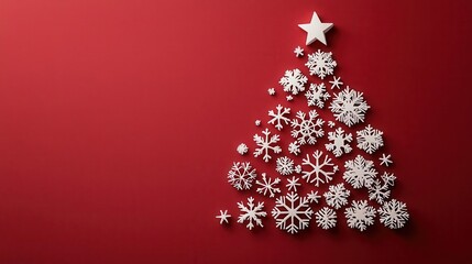Acrylic concept art of snowflakes forming a Christmas tree against a vibrant red background