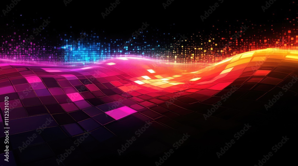 Poster a futuristic design of pixel blocks forming abstract waves, with gradients of neon colors transition