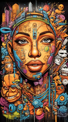 Obraz premium Complex and rich composition in graffiti style, combining bright colors, diverse images and elements of urban culture. Street art, contemporary artwork.