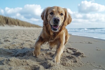 A happy golden retriever runs freely on a sunny sandy beach