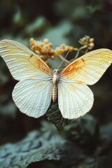 A small white butterfly perched on the edge of a green leaf, possibly in a garden or forest