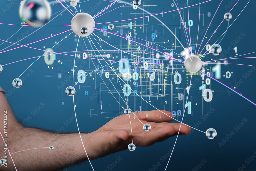Poster Neural network 3D illustration. Big data and cybersecurity