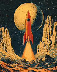 Naklejka premium vintage orange rocket launches towards a moon, surrounded by a stark mountainous alien landscape