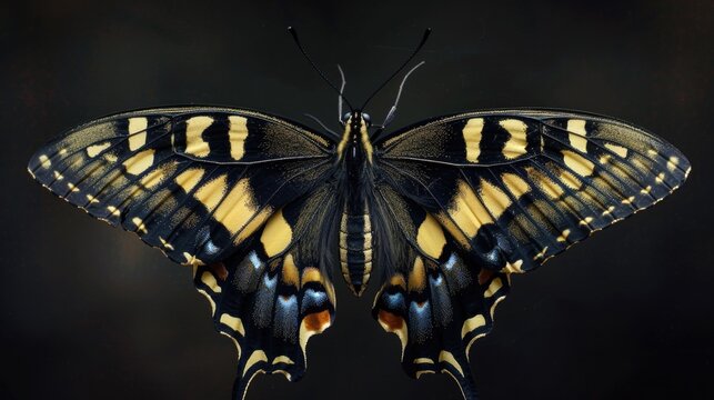 A close-up of a black and yellow butterfly on a black background