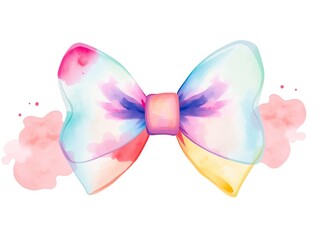 Fototapeta premium Colorful watercolor art featuring a watercolor bow on a white background, gift, card, wrapping paper