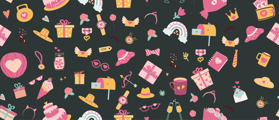 Colorful celebration pattern with gifts, hearts, and festive elements on dark background.