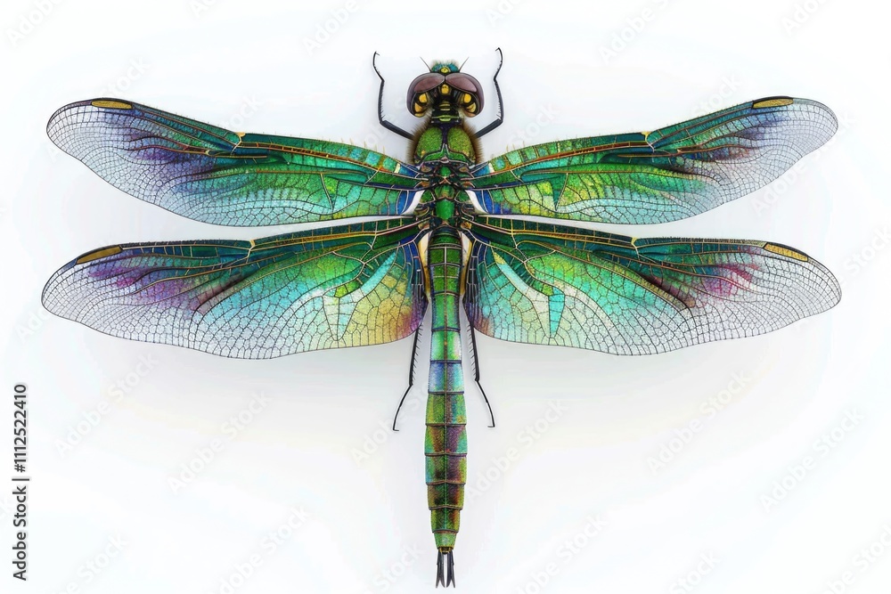 Poster a close-up image of a green dragonfly with large wings on a white surface, ideal for use in nature o