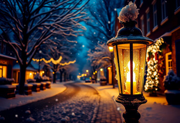 Snowy Street Lamp at Dusk