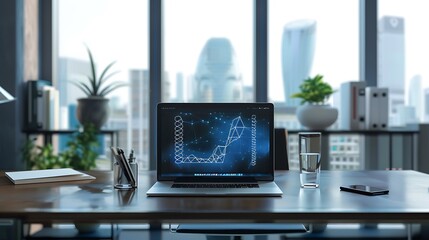 A sleek office desk with a tablet displaying an interactive neural pathway map and genome analysis tool