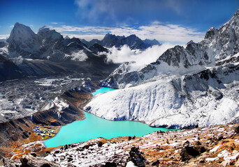 Himalaya mountains and glacial lake in autumn, view from summit