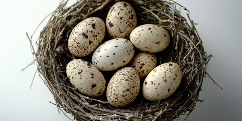 Obraz premium A bird's nest containing eggs situated on a table, perfect for use in scenes related to nature or home decor
