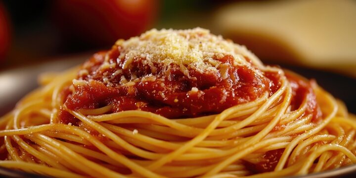 A plate of spaghetti with tomato sauce and parmesan cheese, perfect for a quick lunch or dinner