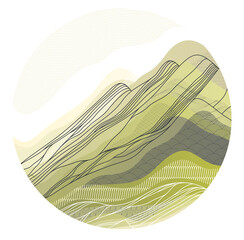 Nature art oriental Japanese style vector abstract background in a shape of circle, mountains terrain landscape, scenic abstraction.