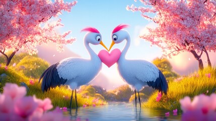 Serene cherry blossom park with romantic storks illustrations