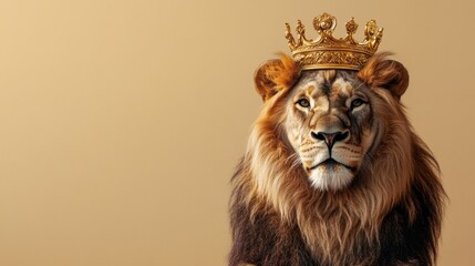 The lion, adorned with a golden crown, exudes power and grace. Its fur radiates warmth against a soft neutral backdrop, highlighting its noble presence