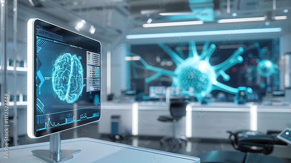 Poster a sleek research lab with a transparent lcd screen displaying a rotating model of a neuron