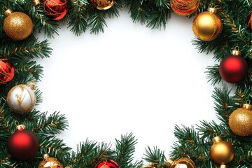 A decorative wreath made of Christmas ornaments on a white background, ideal for holiday greeting cards or decorations